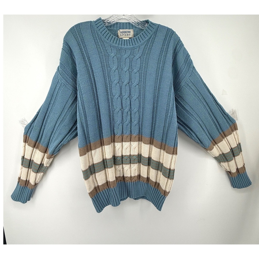 Arrow Sport Blue Cable Knit Striped Crew Neck Sweater Large Vintage Style 90s
